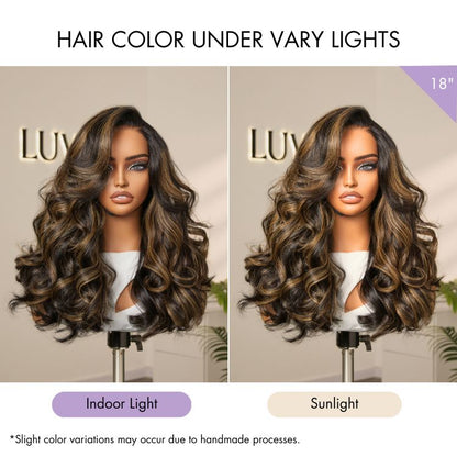 Luvme Hair All-Day Comfort™ wig with loose body wave, brown highlights, HD lace, pre-cut lace, and 200% density.