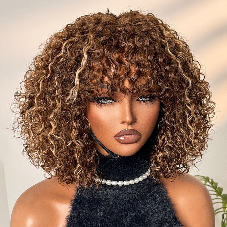 Ash blonde curly lace wig with water wave style, bangs, and minimal lace, designed for beginners, by Luvme Hair.