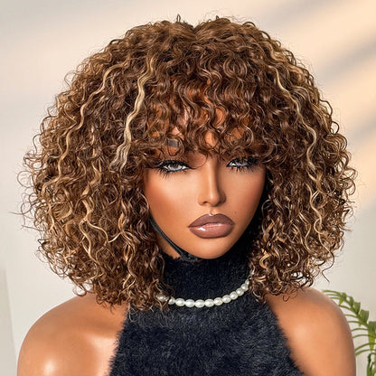 Ash blonde curly lace wig with water wave style, bangs, and minimal lace, designed for beginners, by Luvme Hair.