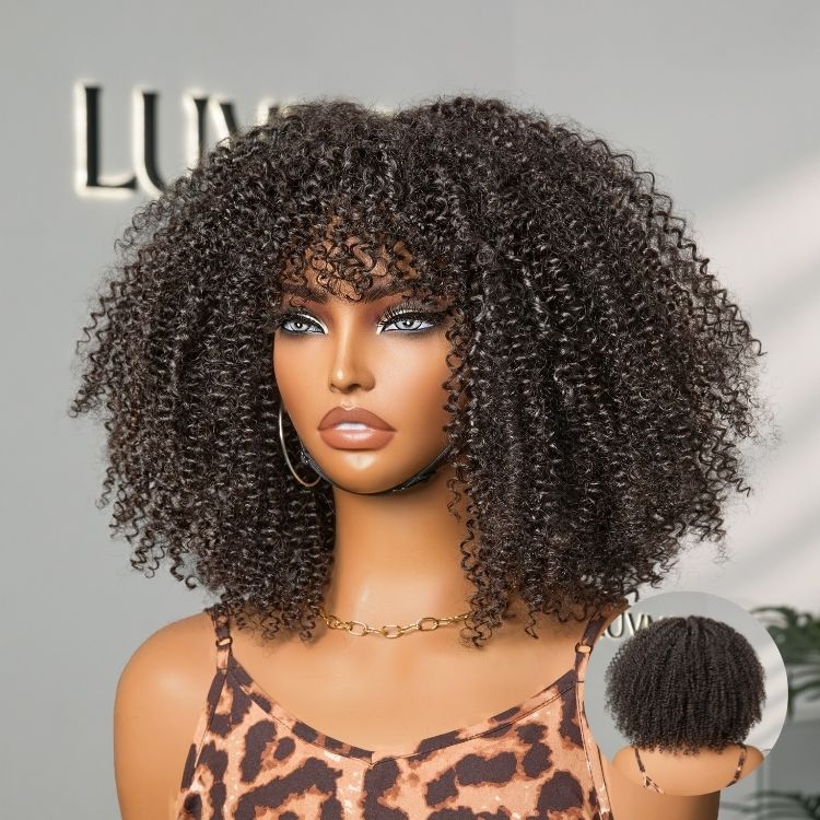 Luvme Hair breathable lace curly wig with bangs, minimalistic design, bouncy Jerry curls, glueless, ready-to-go, natural look