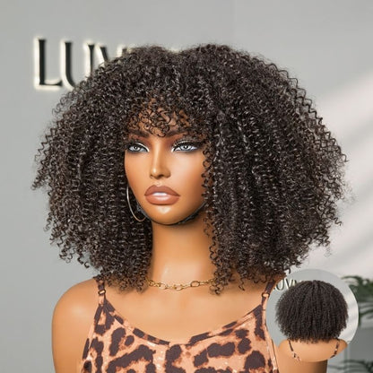Luvme Hair breathable lace curly wig with bangs, minimalistic design, bouncy Jerry curls, glueless, ready-to-go, natural look