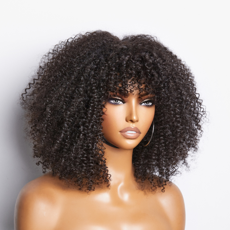 Luvme Hair breathable minimalist lace curly wig with bangs, bouncy Jerry curl style, glueless design, ready to wear.