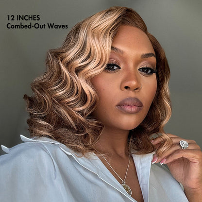 Ash blonde highlight short wavy lace wig by Luvme Hair featuring loose waves, pre-cut lace, and a minimalist glueless design.