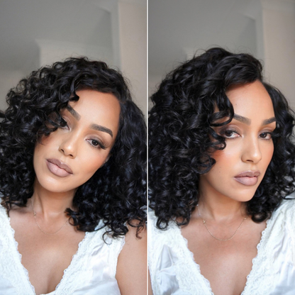Luvme Hair Bouncy Curl Minimalist HD Lace Wig with pre-cut lace, featuring a left C-part and glueless design, natural texture.