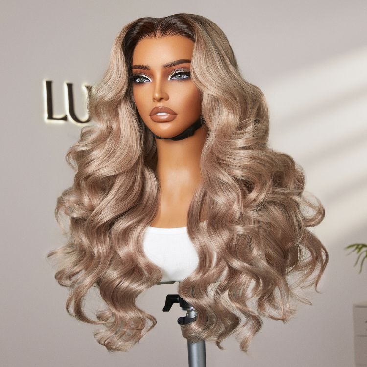 Ash blonde loose body wave 5x5 closure lace glueless wig with breathable cap by Luvme Hair, showcasing wavy hair and lace closure detail.