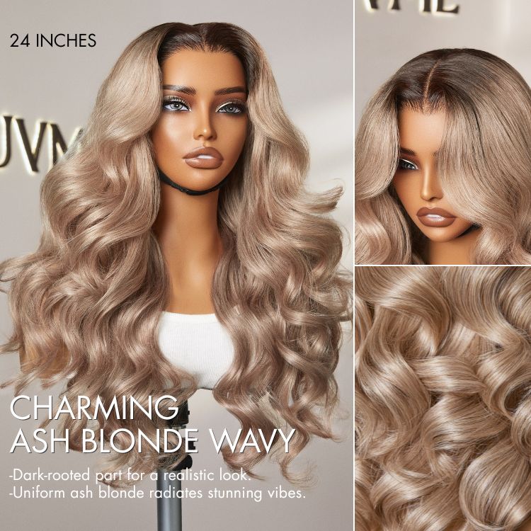 Ash blonde loose body wave 5x5 closure lace glueless wig with breathable cap from Luvme Hair, showcasing wavy hair and lace closure.