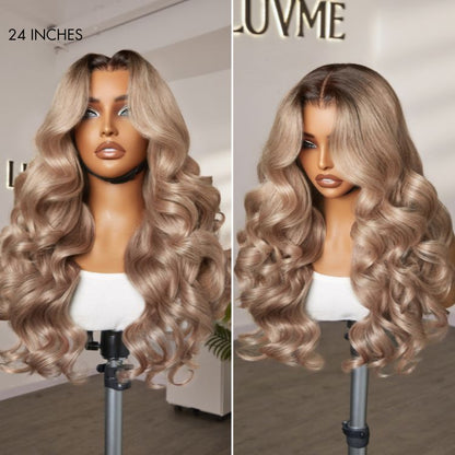 Ash blonde loose body wave 5x5 lace closure wig with glueless breathable cap by Luvme Hair, showing the wavy hair and lace closure.