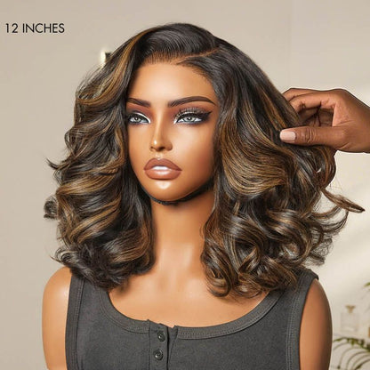 Luvme All-Day Comfort™ brown highlight loose body wave glueless HD lace wig with pre-cut lace and 200% density.
