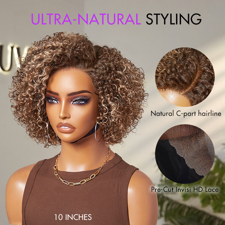 Ash blonde highlight kinky curly wig by Luvme Hair featuring short length, HD lace, and pre-cut lace for beginner-friendly styling.
