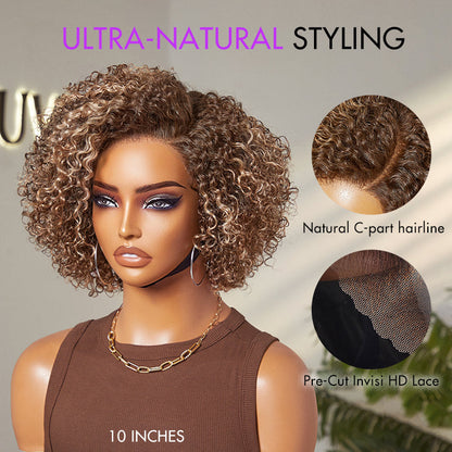 Ash blonde highlight kinky curly wig by Luvme Hair featuring short length, HD lace, and pre-cut lace for beginner-friendly styling.