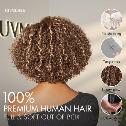 Beginner Friendly Ash Blonde Highlight Short Kinky Curly Wig Glueless Minimalist HD Lace Wig Pre-Cut Lace-19