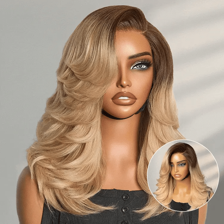 Luvme Hair ombre blonde layered lace wig with wavy style, minimalistic HD lace for a natural look and blowout volume.