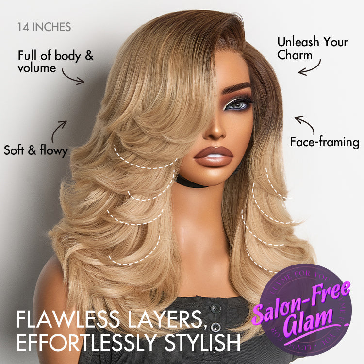 Luvme Hair ombre blonde layered wavy lace wig with blowout style, glueless, HD transparent lace, minimalist design