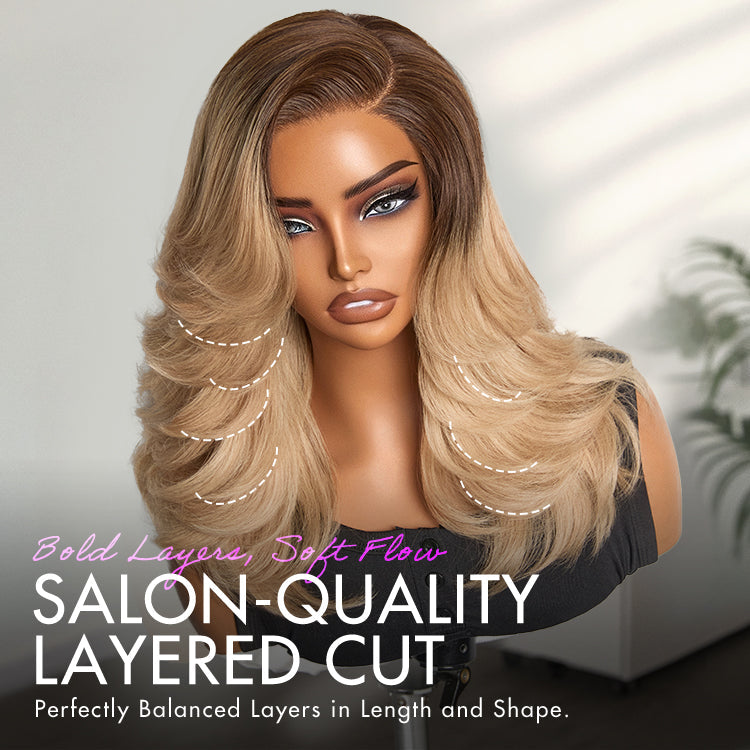 Luvme Hair ombre blonde layered lace wig with wavy blowout style, minimalistic HD lace for a natural look.