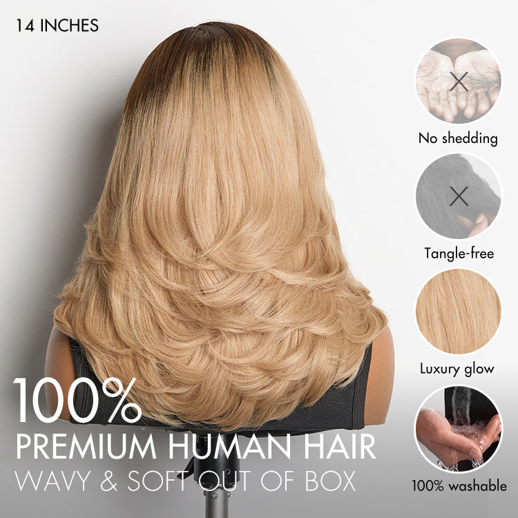 Luvme Hair ombre blonde layered lace wig with wavy texture and minimal HD lace for a natural, glueless blowout style.