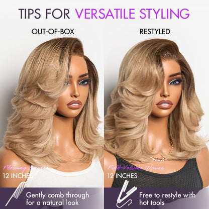 Luvme Hair ombre blonde layered lace wig with wavy texture, blowout style, minimal HD lace, glueless fit, and natural appearance.