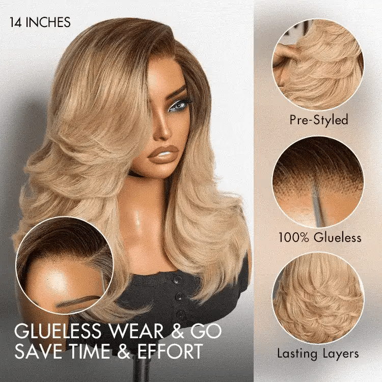 Luvme Hair ombre blonde layered lace wig with wavy texture, blowout style, glueless design, minimal HD lace for a natural look