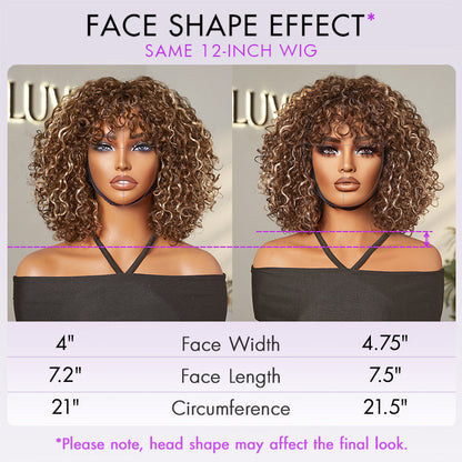 Ash blonde curly lace wig with bangs, water wave style, minimal glueless design, beginner-friendly by Luvme Hair.