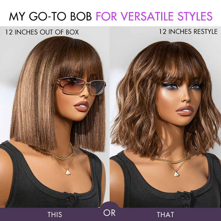 Ash blonde highlights with dark brown base Yaki blunt cut bob wig featuring bangs, glueless lace, short style from Luvme Hair