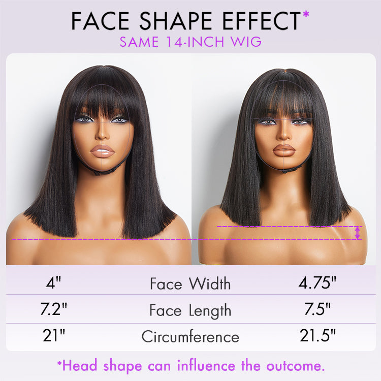 Ash Blonde Highlights Yaki Blunt Cut Bob Wig with Bangs Glueless Minimalist Lace Short Wig Breathable Cap-08