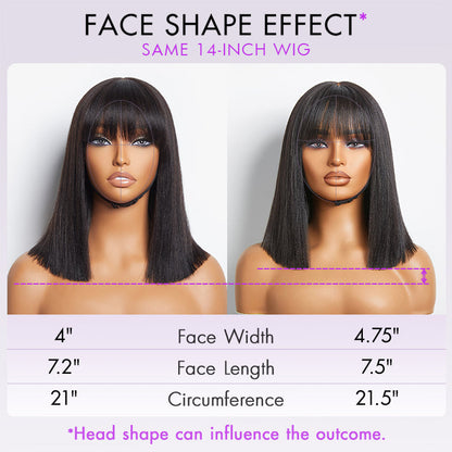 Ash Blonde Highlights Yaki Blunt Cut Bob Wig with Bangs Glueless Minimalist Lace Short Wig Breathable Cap-08