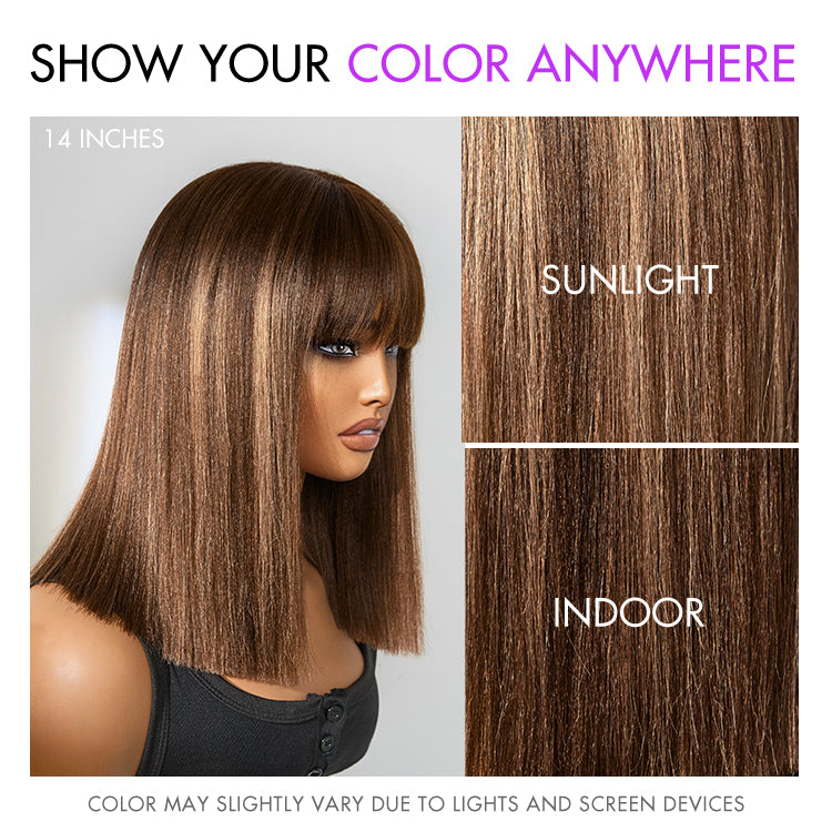 Ash blonde highlights with dark brown base Yaki blunt cut bob wig featuring bangs, glueless lace, short style, from Luvme Hair.