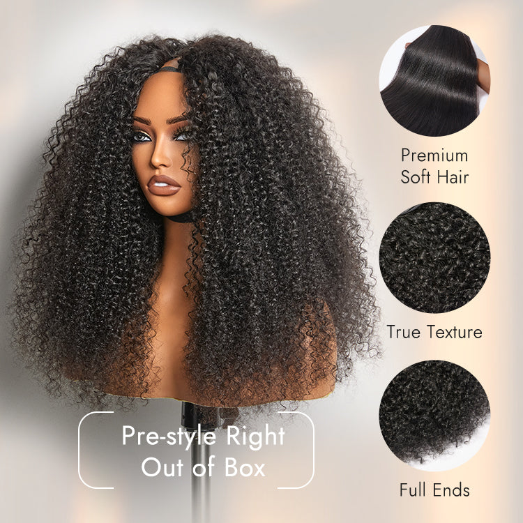 Luvme Too Easy Texture™ wig with 180% density featuring kinky curly and yaki straight styles, glueless V part and drawstring fit.