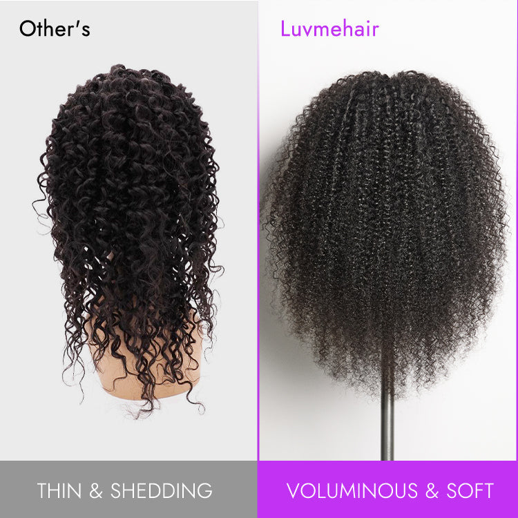 Luvme Hair Too Easy Texture™ wig with 180% density, kinky curly and yaki straight styles, glueless V part and drawstring fit.