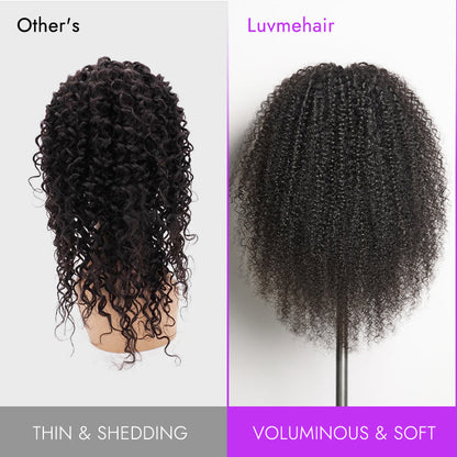 Luvme Hair Too Easy Texture™ wig with 180% density, kinky curly and yaki straight styles, glueless V part and drawstring fit.