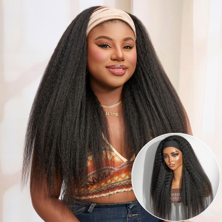 Luvme Hair Too Easy Texture™ kinky straight wig with 180% density, flexi-fit drawstring headband, glueless design, and trendy headbands