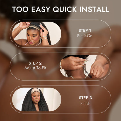Luvme Hair Too Easy Texture™ Kinky Straight Headband Wig with 180% density, flexi-fit, drawstring, glueless design, and trendy headbands