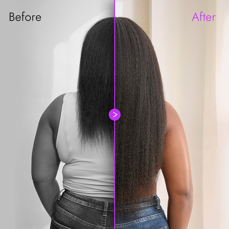 Luvme Hair Too Easy Texture™ kinky straight wig with 180% density, flexi-fit headband, glueless design, styled with trendy headbands.