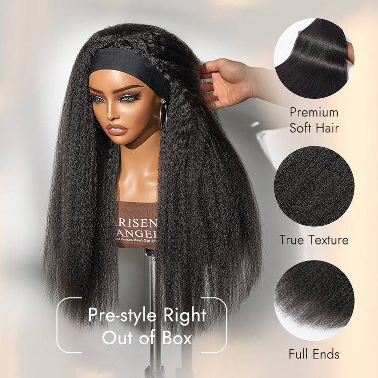 Luvme Hair Too Easy Texture™ wig with kinky straight style, 180% density, flexi-fit design, headband, and drawstring for secure wear
