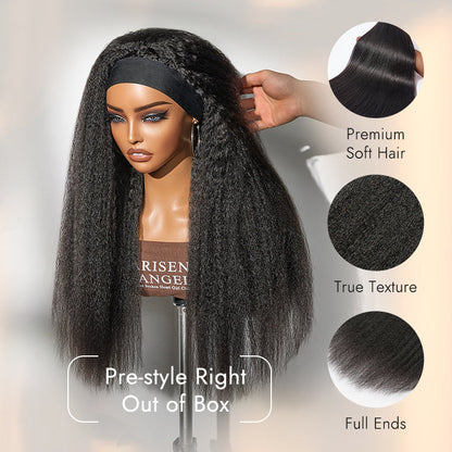 Luvme Hair Too Easy Texture™ wig with kinky straight style, 180% density, flexi-fit design, headband, and drawstring for secure wear