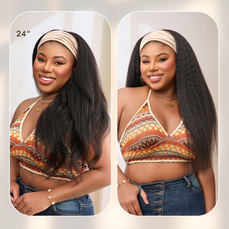 Luvme Too Easy Texture™ kinky straight wig with 180% density, flexi-fit drawstring headband, glueless design, displayed on a mannequin head.