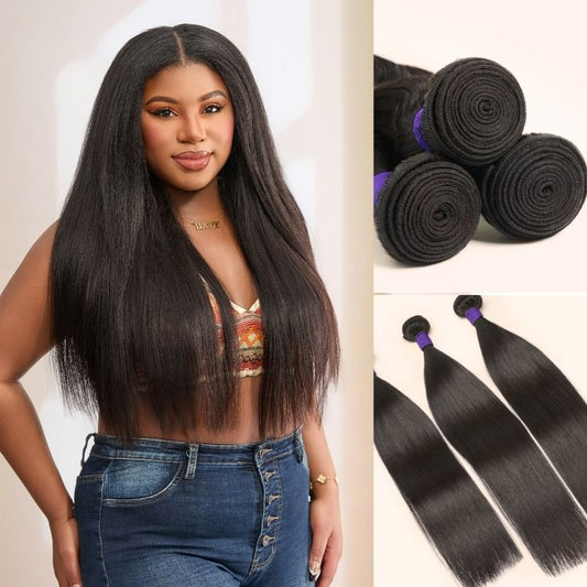 Luvme Hair Too Easy Texture Yaki Straight 100% Virgin Human Hair bundle, natural straight hairstyle, close-up view of hair strands