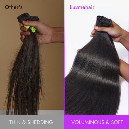 Luvme Hair Too Easy Texture Yaki Straight 100% virgin human hair bundles, natural straight hair with subtle wave, displayed in bundles