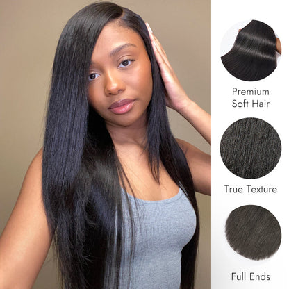 Luvme Too Easy Texture Yaki Straight 100% Virgin Human Hair Bundles, natural black hair, displayed in a bundle on a white background.