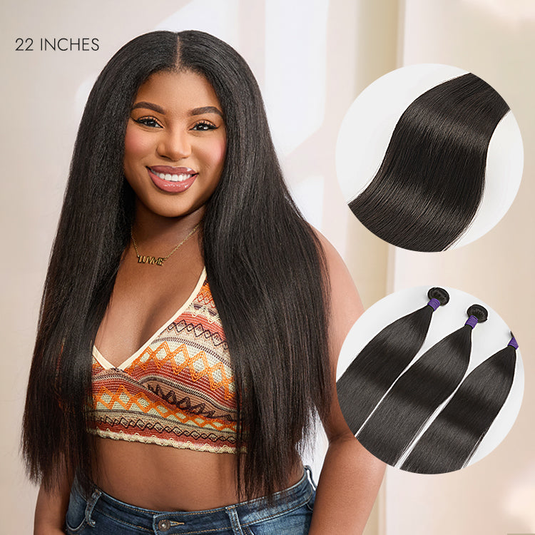 Luvme Hair Too Easy Texture Yaki Straight 100% virgin human hair bundles, shown in natural straight hair bundles on a white background.
