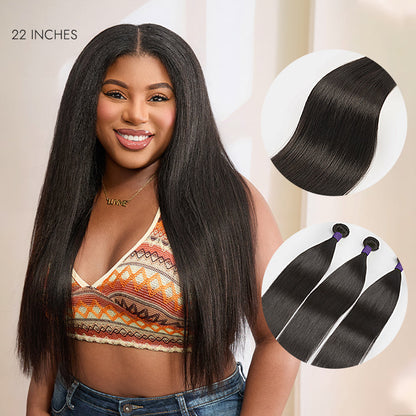 Luvme Hair Too Easy Texture Yaki Straight 100% virgin human hair bundles, shown in natural straight hair bundles on a white background.