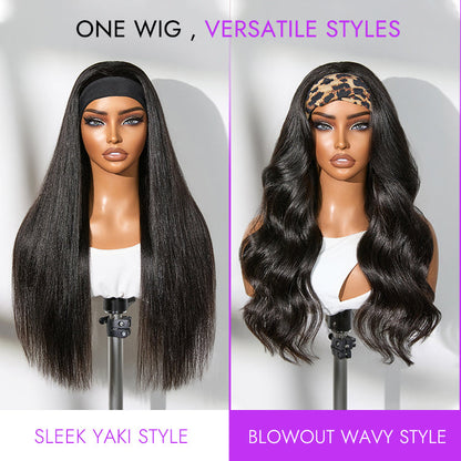 Luvme Too Easy Texture™ kinky straight headband wig with 180% density, flexi-fit, drawstring, and glueless design on a mannequin head.