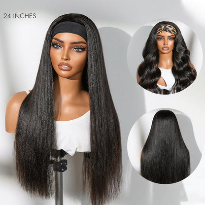 Luvme Hair Too Easy Texture™ kinky straight wig with 180% density, flexi-fit drawstring, glueless headband style, natural hair look.