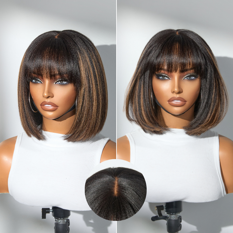 Luvme Put On and Go brown highlight Yaki bob wig with bangs, glueless lace, breathable cap, minimalistic style.