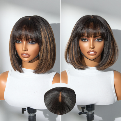 Luvme Put On and Go brown highlight Yaki bob wig with bangs, glueless lace, breathable cap, minimalistic style.