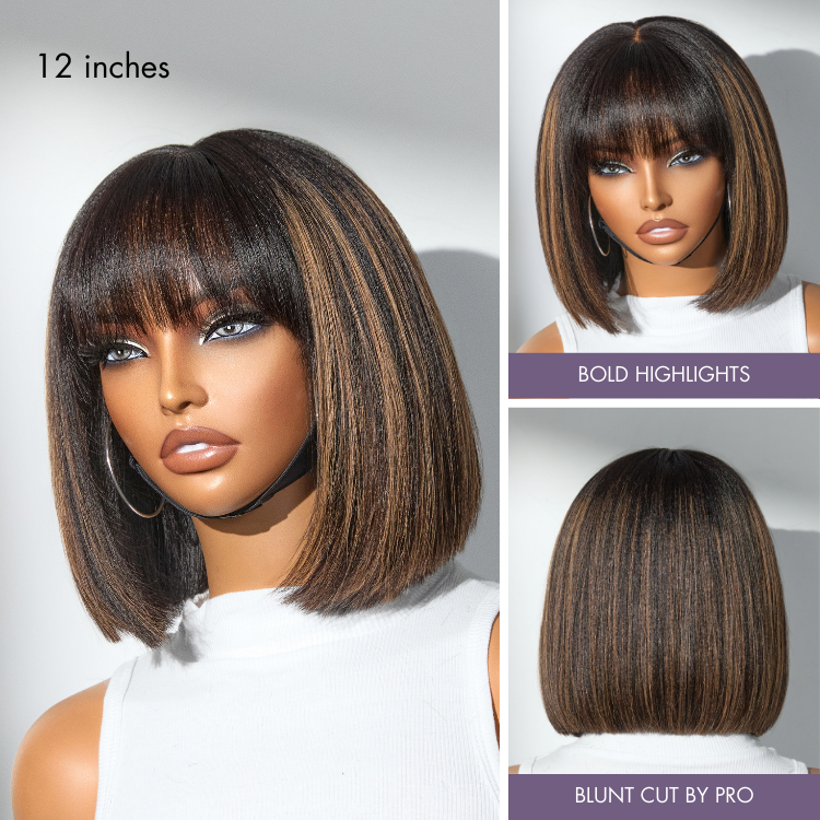 Luvme Put On and Go Brown Highlight Yaki Bob wig with bangs, glueless lace, breathable cap, minimalistic style.