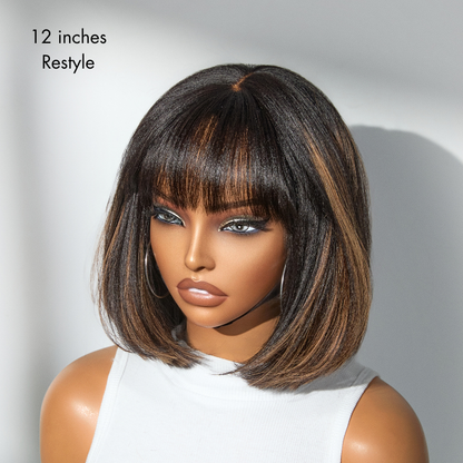 Luvme Put On and Go Brown Highlight Yaki Bob lace wig with bangs, breathable cap, minimal glueless style, natural-looking hair.