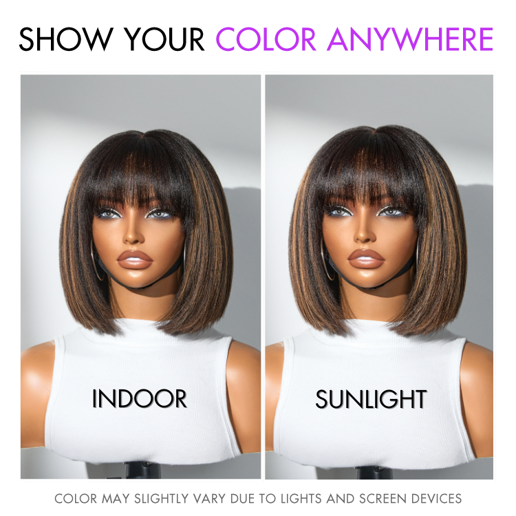 Luvme Brown Highlight Yaki Bob wig with bangs, glueless lace cap, breathable cap for easy wear and natural look.