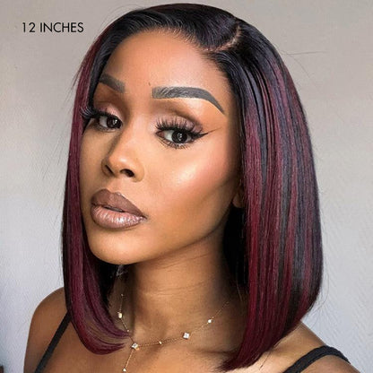 Dark Red Highlights Silky Blunt Cut C Part Glueless Minimalist HD Lace Bob Wig Beginner Friendly-02