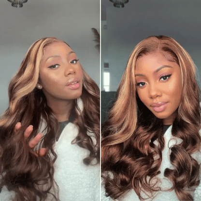 Golden blonde and natural black 13x4 lace front wig by Luvme Hair, featuring loose body wave human hair.