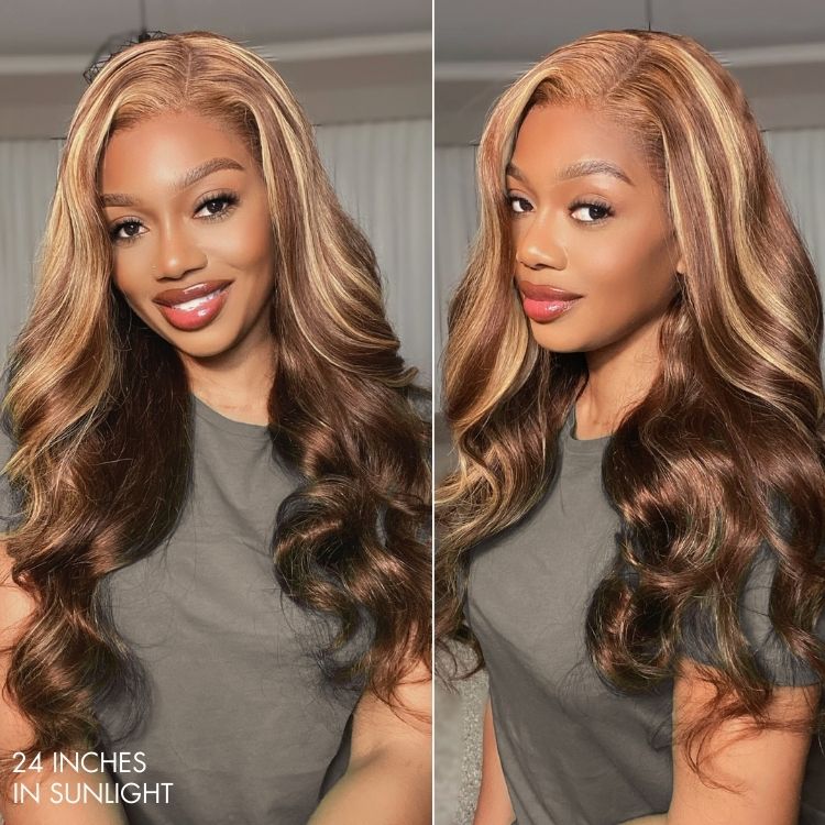 Golden blonde and natural black loose body wave 13x4 lace front wig from Luvme Hair, made with 100% human hair.